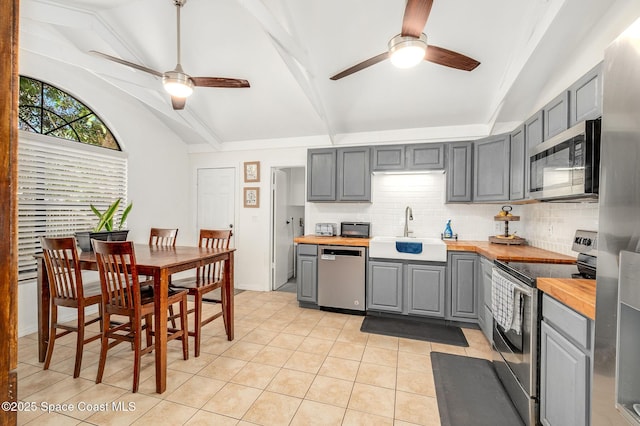 6010 Flamingo Ave, Cocoa, FL 32927 - kitchen with a ceiling fan, a sink, wood counters, gray cabinets, and stainless steel appliances