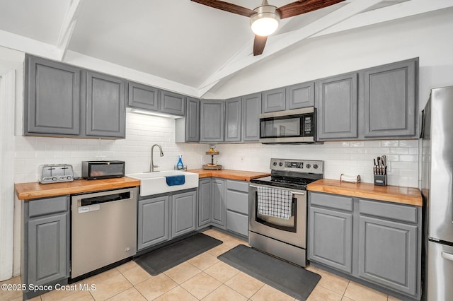 6010 Flamingo Ave, Cocoa, FL 32927 - kitchen featuring a sink, gray cabinets, stainless steel appliances, butcher block counters, and lofted ceiling