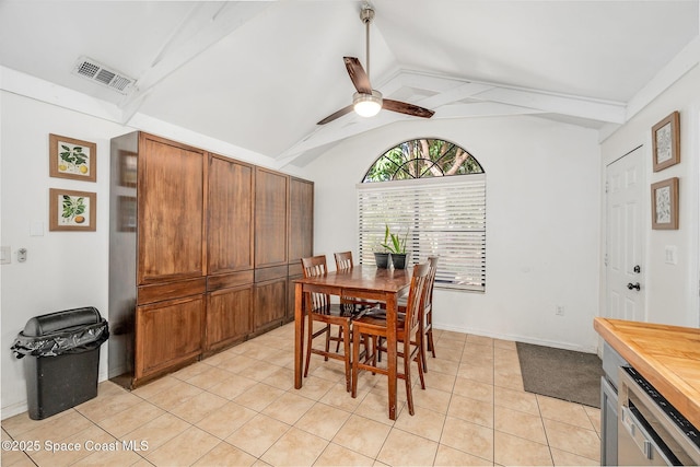 6010 Flamingo Ave, Cocoa, FL 32927 - dining area with vaulted ceiling, a ceiling fan, light tile patterned flooring, and visible vents