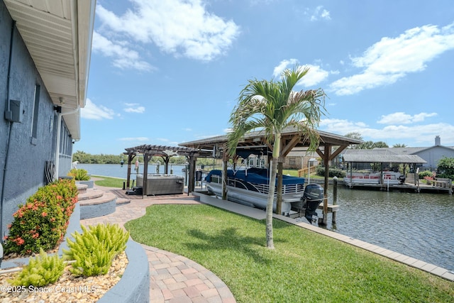 dock area featuring a water view, a pergola, boat lift, a lawn, and a patio