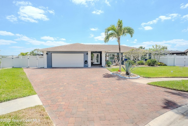 single story home featuring a gate, a garage, a front yard, stucco siding, and decorative driveway