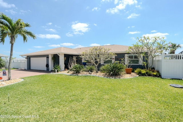 ranch-style house with fence, an attached garage, driveway, and a front yard