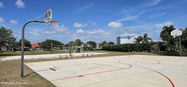 view of basketball court featuring a yard, volleyball court, and community basketball court
