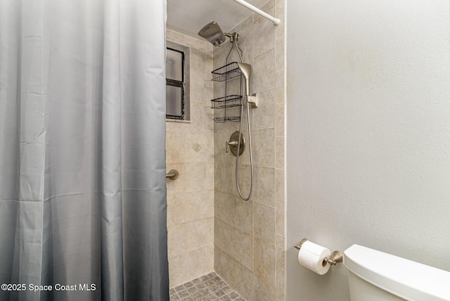 full bath with toilet and a tile shower