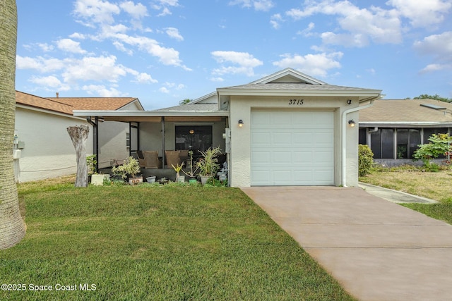 ranch-style home featuring stucco siding, an attached garage, driveway, roof with shingles, and a front yard