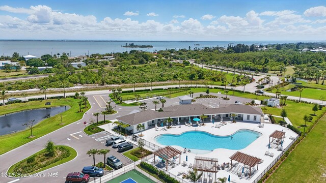 5358 Waterfall Pl, Grant, FL 32949 - bird's eye view of a pool area and a large body of water