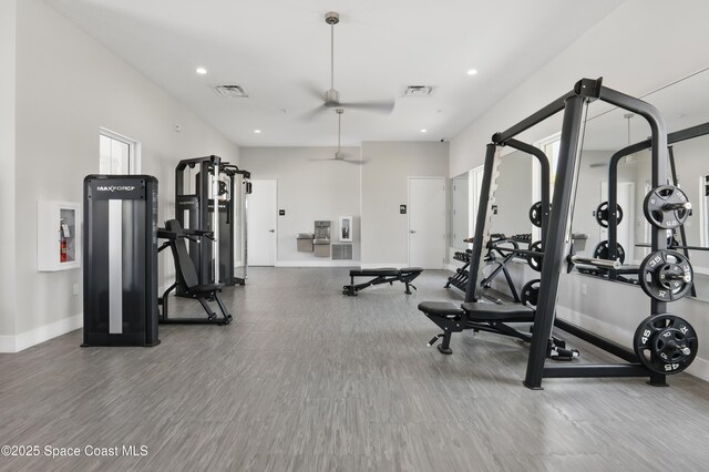 5358 Waterfall Pl, Grant, FL 32949 - workout area with wood finished floors, baseboards, a ceiling fan, and recessed lighting