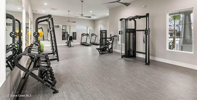 5358 Waterfall Pl, Grant, FL 32949 - workout area featuring a ceiling fan, baseboards, wood finished floors, and recessed lighting