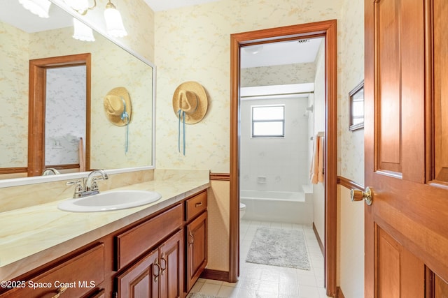 full bath featuring toilet, wallpapered walls, and tile patterned floors