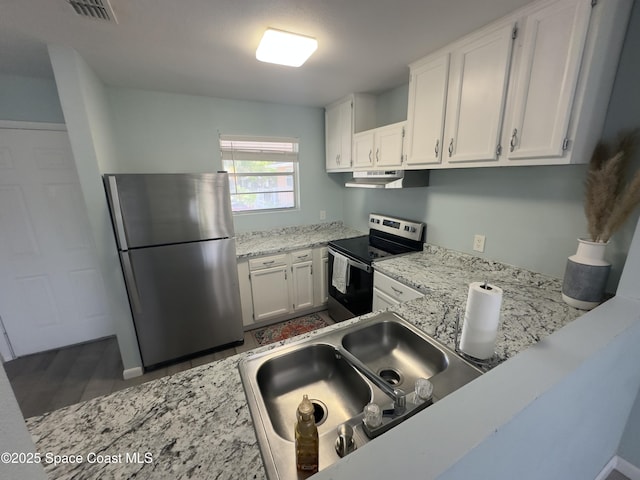 kitchen with a sink, stainless steel appliances, white cabinetry, under cabinet range hood, and visible vents