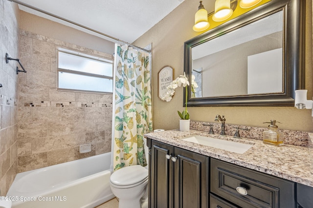 full bath with shower / bath combination with curtain, toilet, and vanity