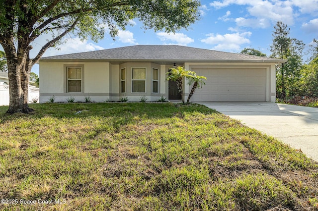 1989 Warton Ave SE, Palm Bay, FL 32909 - ranch-style home with driveway, stucco siding, an attached garage, and a front yard
