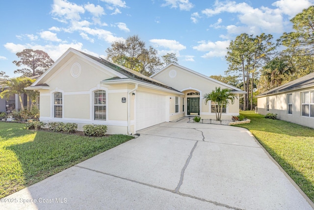 1461 Morgan Ct, Melbourne, FL 32934 - single story home with a garage, driveway, a front lawn, and stucco siding
