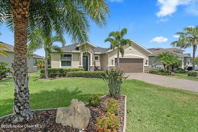 ranch-style house featuring an attached garage, a front yard, decorative driveway, and stucco siding