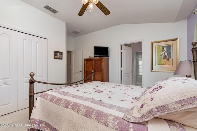3321 San Jacinto Cir, Sanford, FL 32771 - bedroom featuring ceiling fan, visible vents, lofted ceiling, and a closet