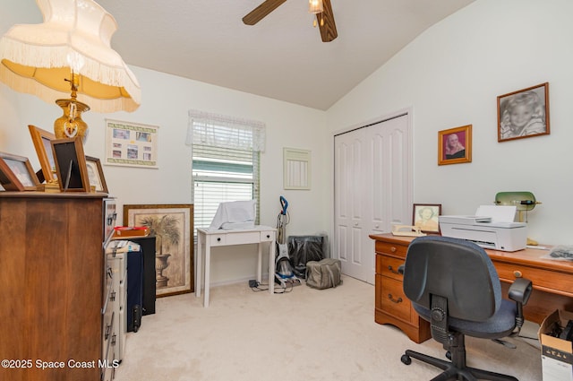 3321 San Jacinto Cir, Sanford, FL 32771 - home office with a ceiling fan, vaulted ceiling, and light colored carpet