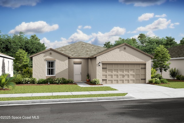 ranch-style house featuring an attached garage, a front lawn, stucco siding, and driveway