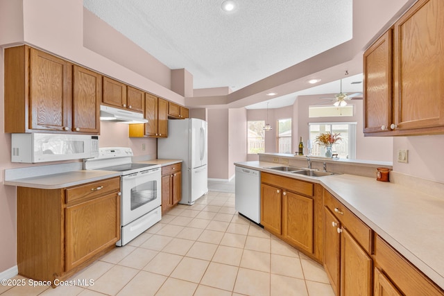 kitchen with a sink, a textured ceiling, white appliances, under cabinet range hood, and light countertops