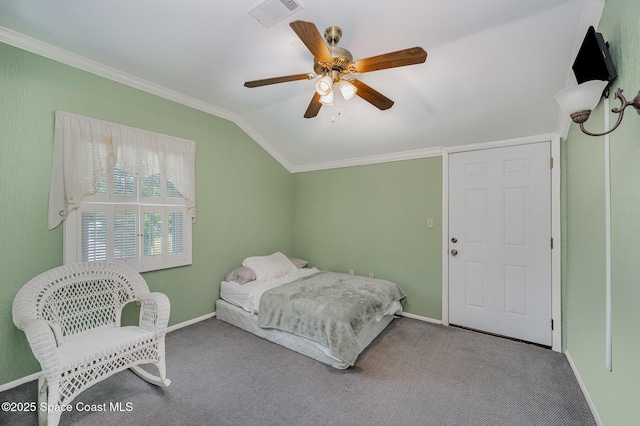 4320 Crooked Mile Rd, Merritt Island, FL 32952 - carpeted bedroom featuring a ceiling fan, visible vents, vaulted ceiling, baseboards, and ornamental molding