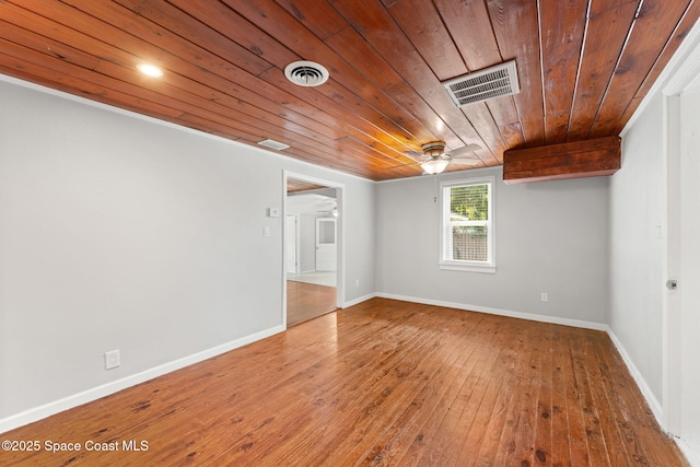 empty room with ceiling fan, visible vents, wooden ceiling, and baseboards