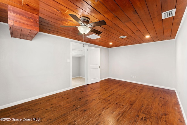 unfurnished bedroom featuring ceiling fan, visible vents, wood finished floors, wooden ceiling, and baseboards