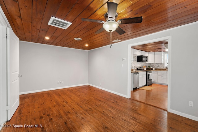 spare room featuring a ceiling fan, visible vents, wood ceiling, and hardwood / wood-style floors