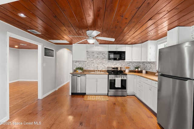 kitchen with visible vents, wood ceiling, white cabinetry, and stainless steel appliances