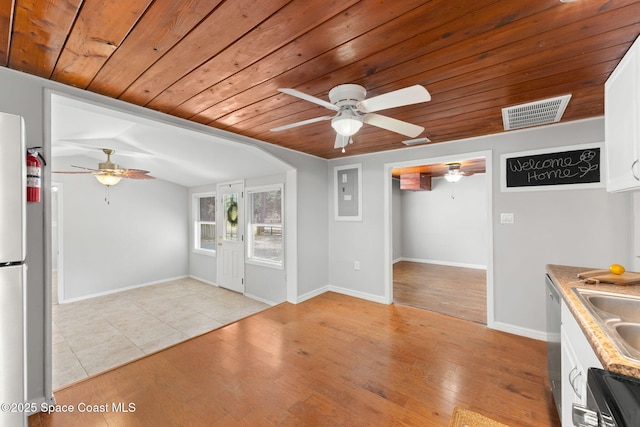 interior space with ceiling fan, visible vents, wooden ceiling, freestanding refrigerator, and white cabinetry
