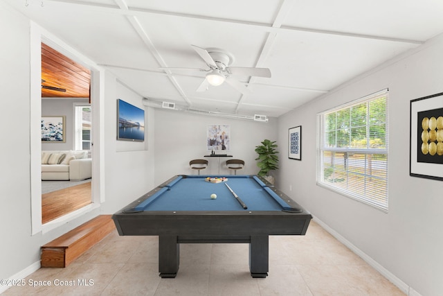 rec room with visible vents, baseboards, ceiling fan, tile patterned floors, and pool table