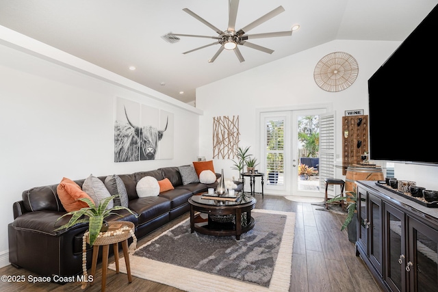 living room with high vaulted ceiling, recessed lighting, ceiling fan, and dark wood finished floors