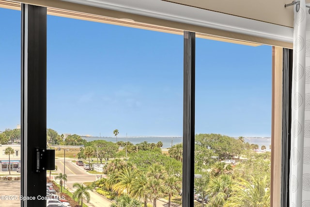 interior space featuring a water view