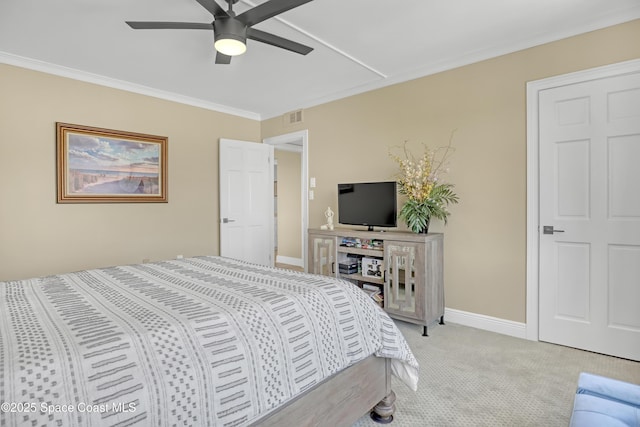bedroom with crown molding, light colored carpet, visible vents, baseboards, and a ceiling fan
