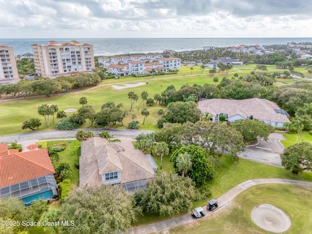bird's eye view featuring a water view and golf course view