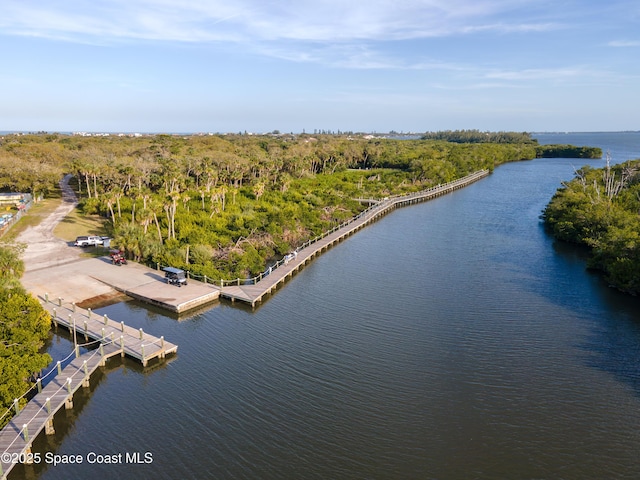 birds eye view of property featuring a wooded view and a water view