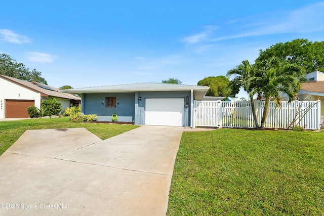 ranch-style home featuring concrete driveway, a front lawn, and an attached garage