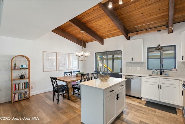 kitchen with wood ceiling, a sink, dishwashing machine, and light wood-type flooring