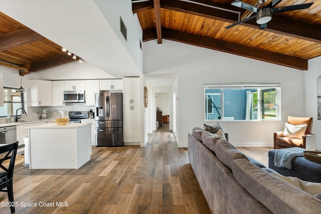 living area featuring wooden ceiling, a ceiling fan, hardwood / wood-style floors, and beam ceiling