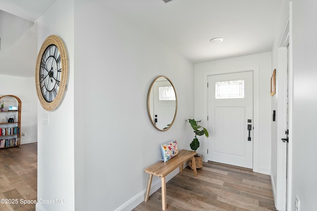 entrance foyer with baseboards and wood finished floors