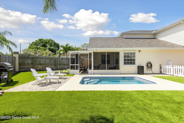 1609 Pga Blvd, Melbourne, FL 32935 - view of pool featuring a fenced in pool, a fenced backyard, grilling area, a patio area, and a sunroom