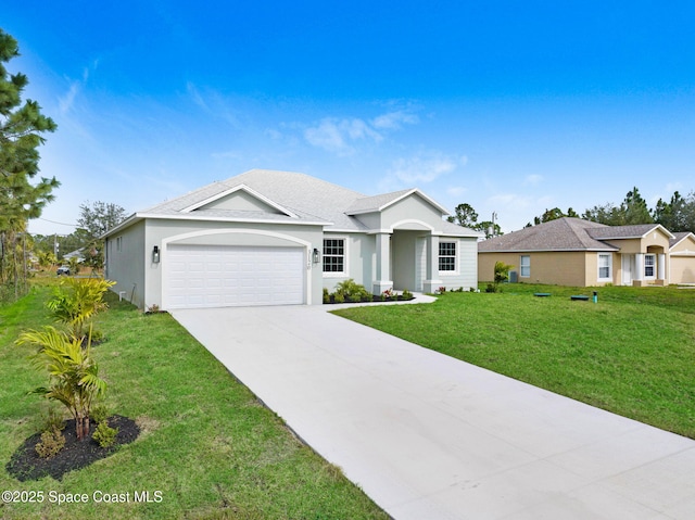 ranch-style home with a garage, a front lawn, and stucco siding