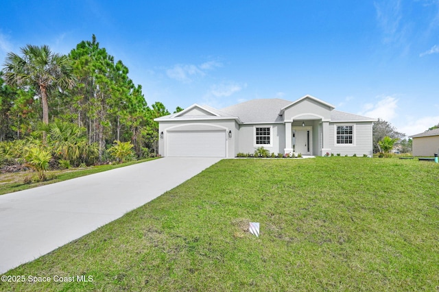 ranch-style home featuring a front yard, stucco siding, driveway, and an attached garage