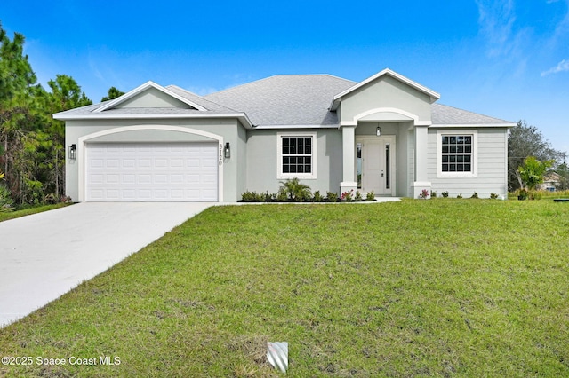ranch-style house with driveway, roof with shingles, stucco siding, a front lawn, and a garage