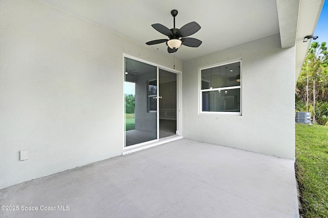view of patio / terrace featuring a ceiling fan and cooling unit