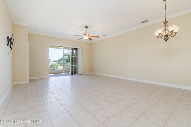 spare room with visible vents, baseboards, crown molding, and ceiling fan with notable chandelier