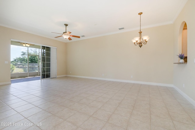 unfurnished room with visible vents, crown molding, arched walkways, baseboards, and ceiling fan with notable chandelier