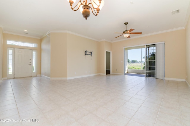 unfurnished room with visible vents, ornamental molding, light tile patterned flooring, baseboards, and ceiling fan with notable chandelier