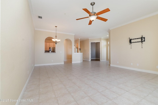 spare room with visible vents, arched walkways, ceiling fan with notable chandelier, and ornamental molding
