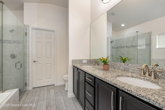 full bathroom with a shower stall, toilet, and a sink