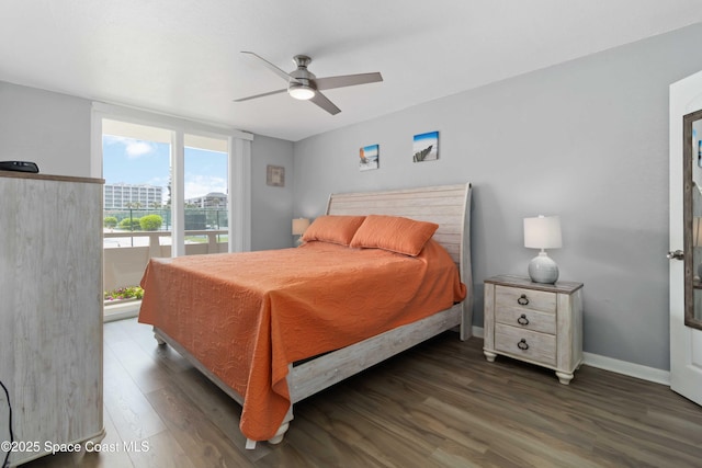 bedroom featuring ceiling fan, access to exterior, and wood finished floors