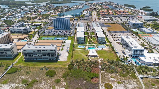 aerial view featuring a water view